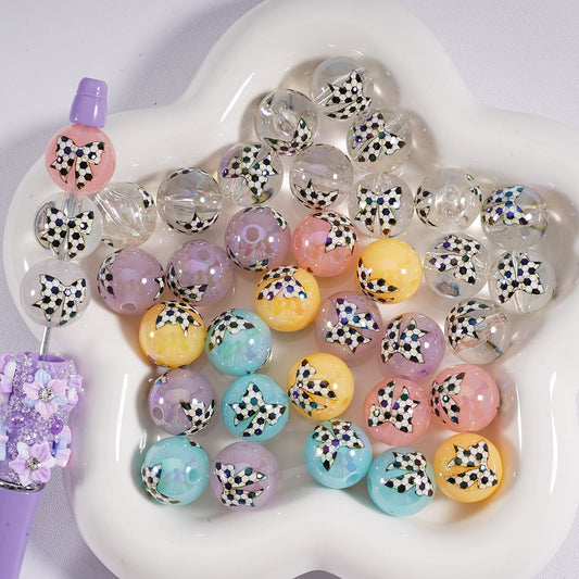 Acrylic Beads Soccer Bowknots Prints Jelly Color & Clear Color 16MM, Random Mix