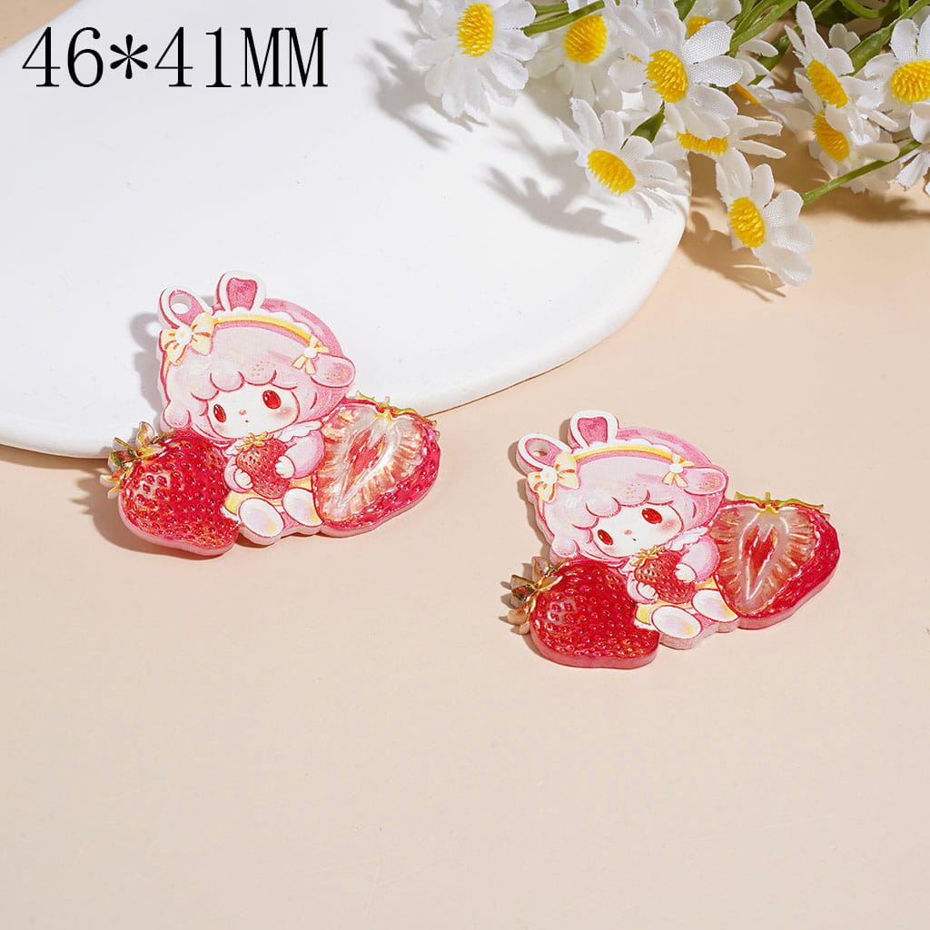 Acrylic Pendants Girl with Rabbit Hat and Bow Headband Holding Strawberry, 46*41MM