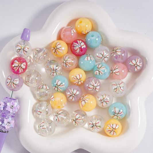 Acrylic Beads Baseball Bowknots Prints Jelly Color & Clear Color 16MM, Random Mix