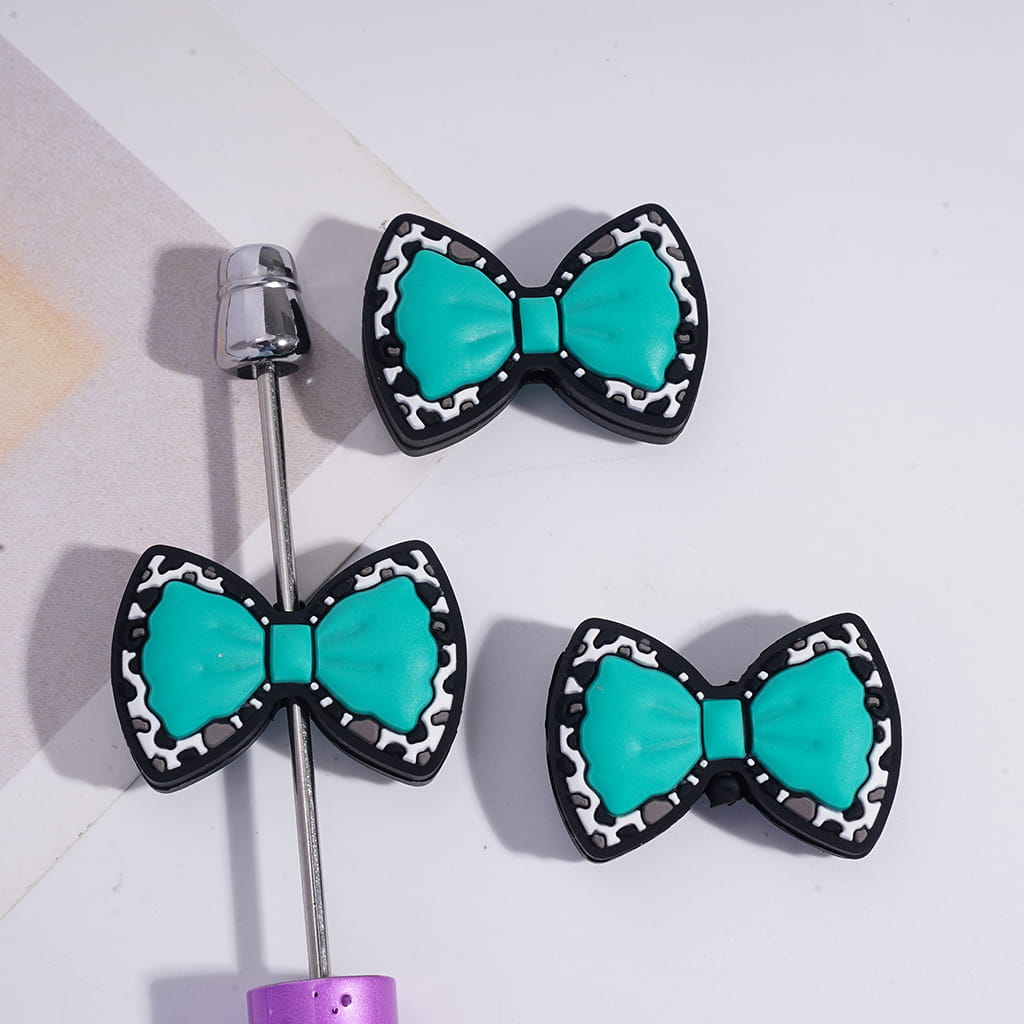 Silicone Focal Beads Two Layer Bowtie with Leopard Spots on Bottom, Multi-Color