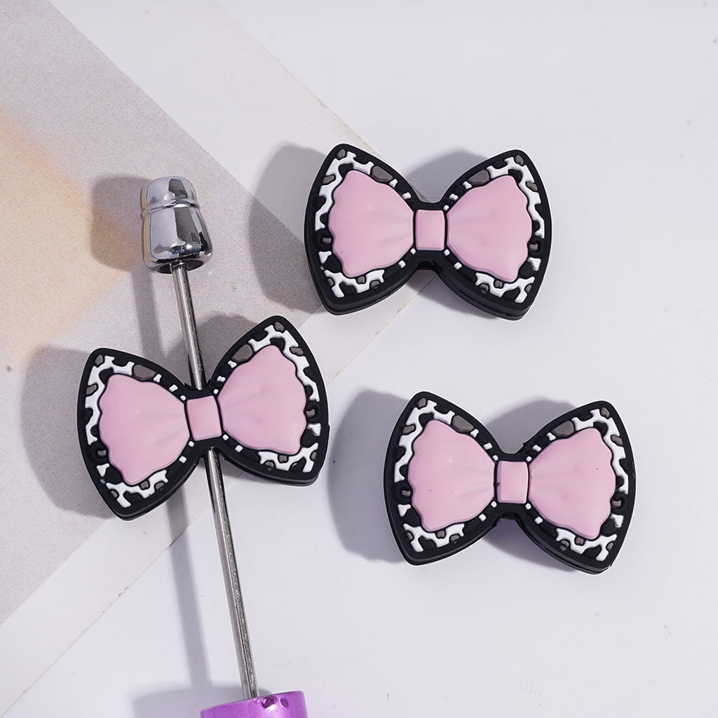 Silicone Focal Beads Two Layer Bowtie with Leopard Spots on Bottom, Multi-Color