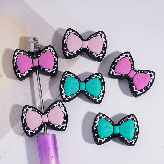 Silicone Focal Beads Two Layer Bowtie with Leopard Spots on Bottom, Multi-Color