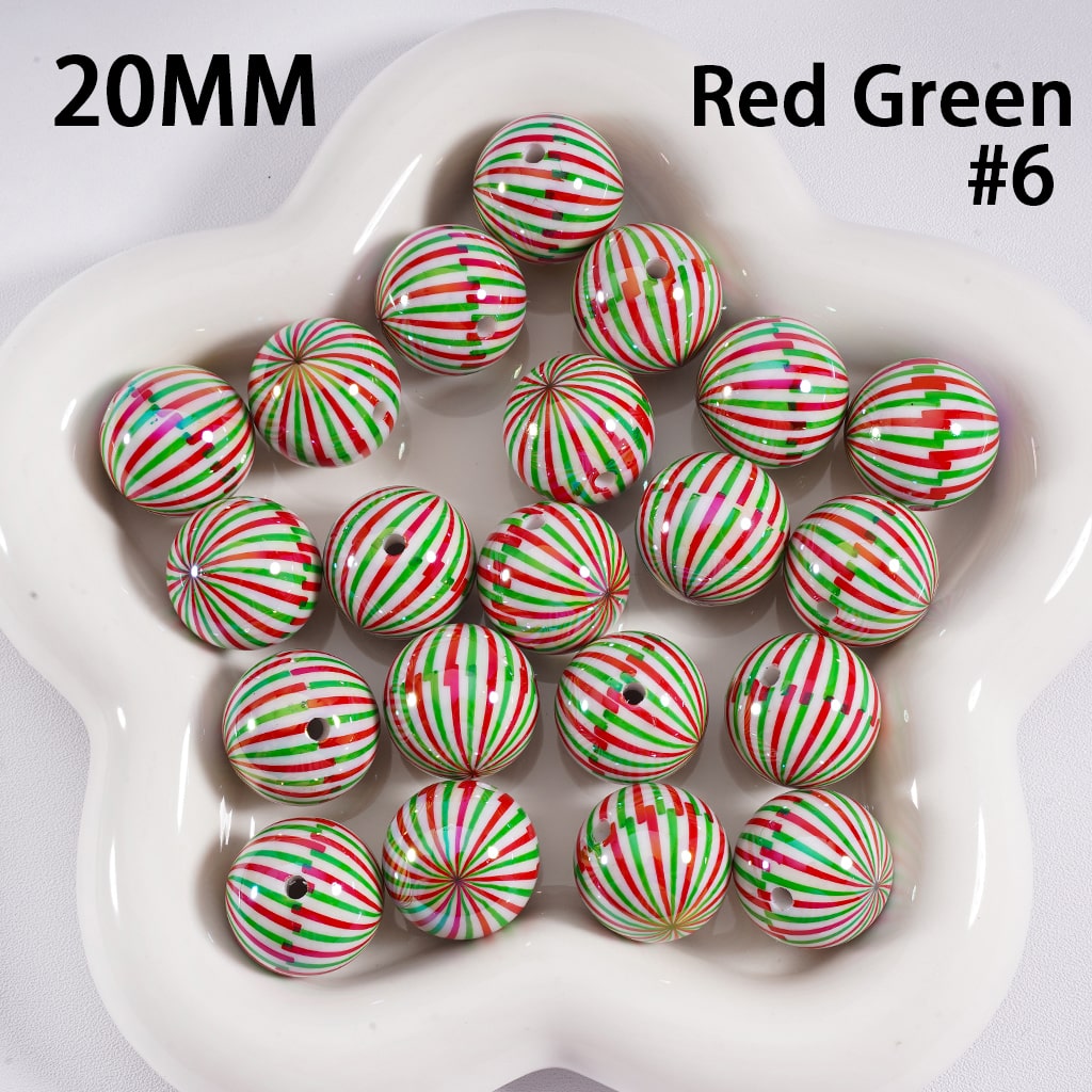 Acrylic Beads UV Coating Shiny Christmas Green & Red Stripes 20MM
