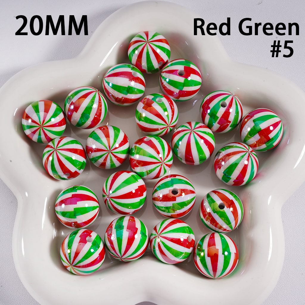 Acrylic Beads UV Coating Shiny Christmas Green & Red Stripes 20MM