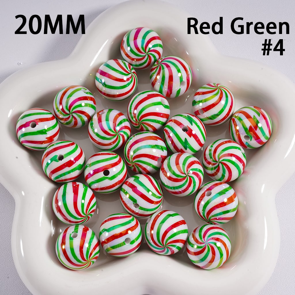 Acrylic Beads UV Coating Shiny Christmas Green & Red Stripes 20MM