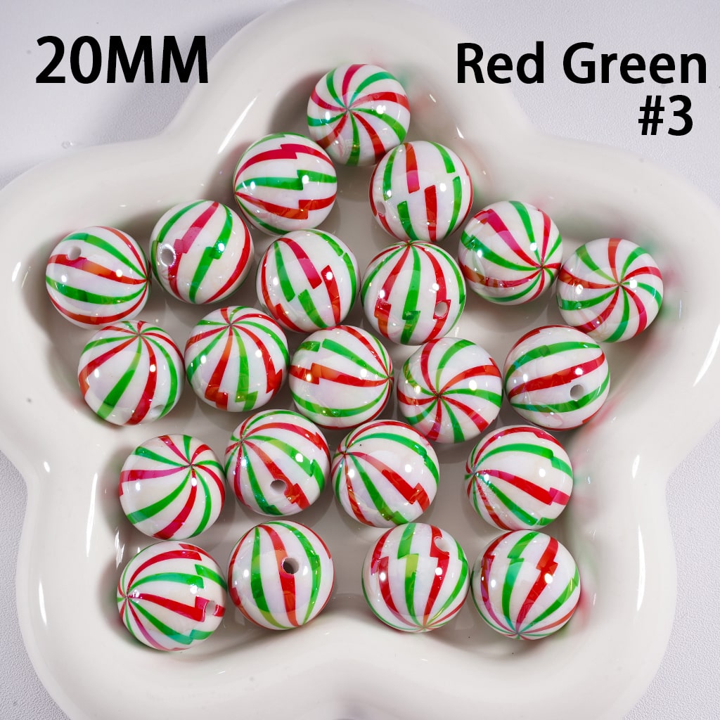 Acrylic Beads UV Coating Shiny Christmas Green & Red Stripes 20MM