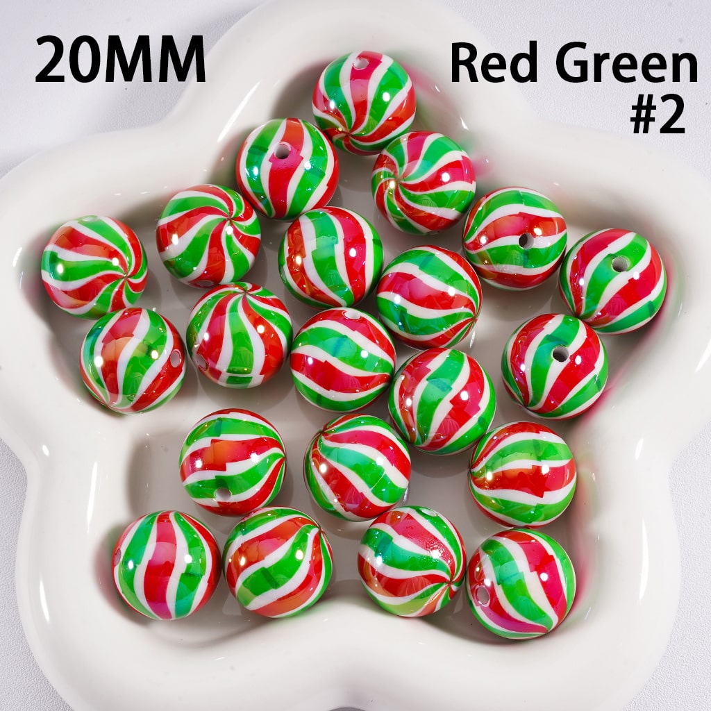Acrylic Beads UV Coating Shiny Christmas Green & Red Stripes 20MM