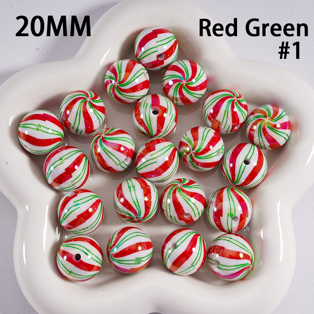 Acrylic Beads UV Coating Shiny Christmas Green & Red Stripes 20MM