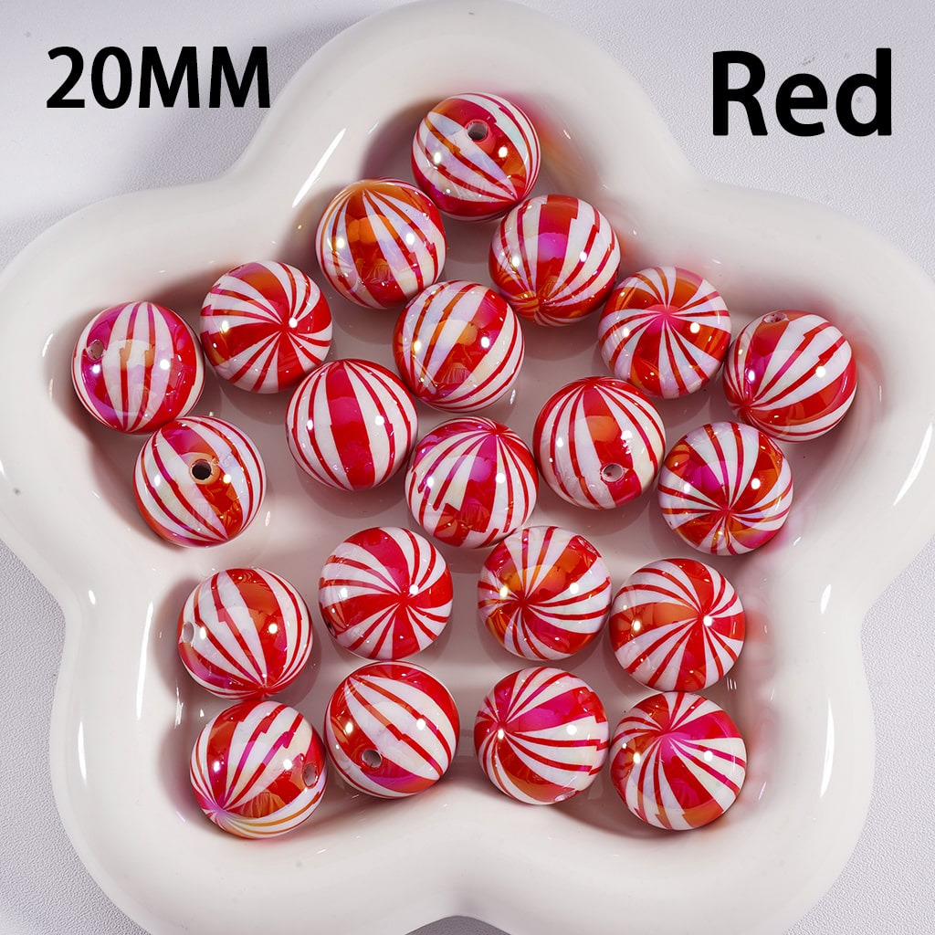 Acrylic Beads UV Coating Shiny Christmas Green & Red Stripes 20MM