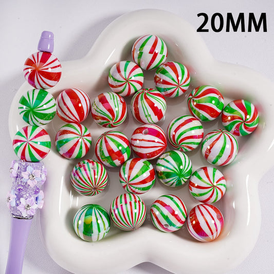 Acrylic Beads UV Coating Shiny Christmas Green & Red Stripes 20MM