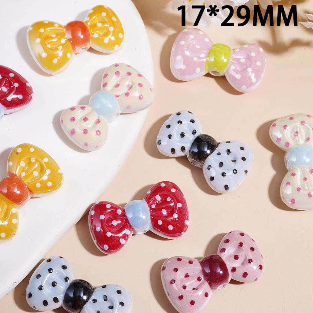 Acrylic Beads Bow Tie with White Polka Dots, 17*29MM Multi Colors Random Mix