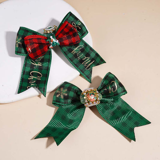 Handmade Acrylic Beads w Christmas Trims & Half-Shell Round, AB Rhinestones & White Pearl Chains, Red Green Checkered Fabric Bow, Random Mix