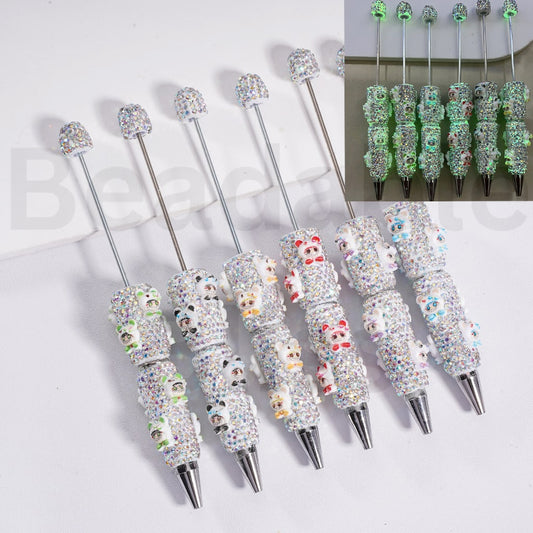 Beadable Clay Pen with AB Rhinestones Luminous Cute Labub Head with Bear Style Hat