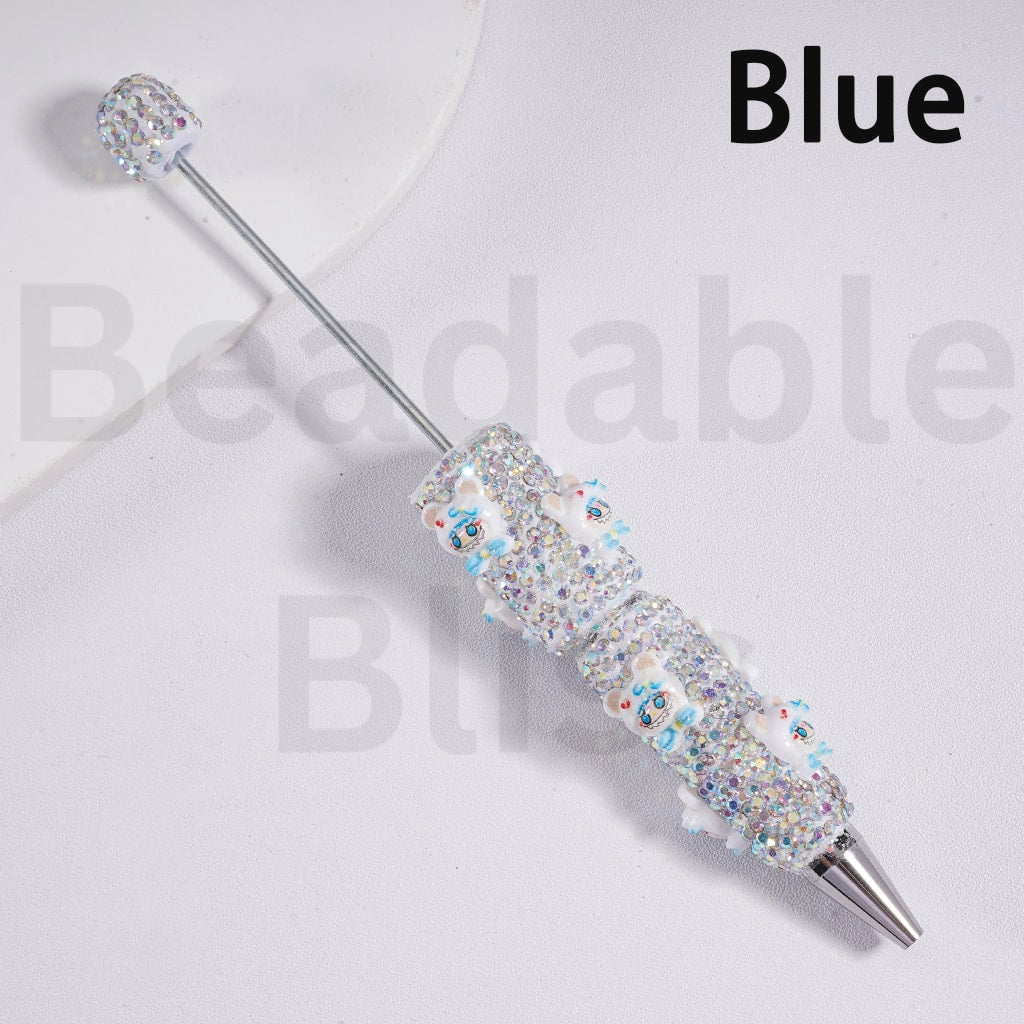 Beadable Clay Pen with AB Rhinestones Luminous Cute Labub Head with Bear Style Hat