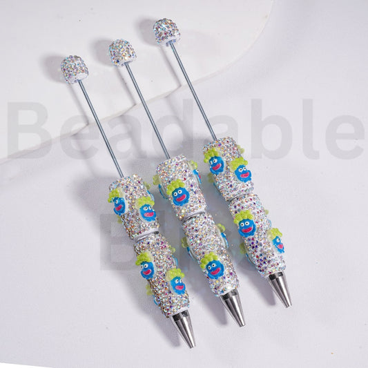 Beadable Clay Pen with AB Rhinestones Luminous Little Blue Man with Sausage-Shaped Lips