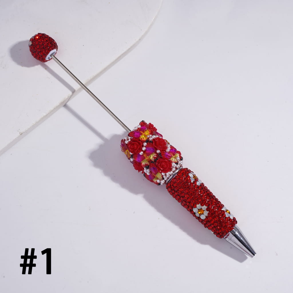 Beadable Clay Pens with Butterfly Rose Flower White Pearls and Shiny Rhinestones Covered the Entire Pen, Multi-Color