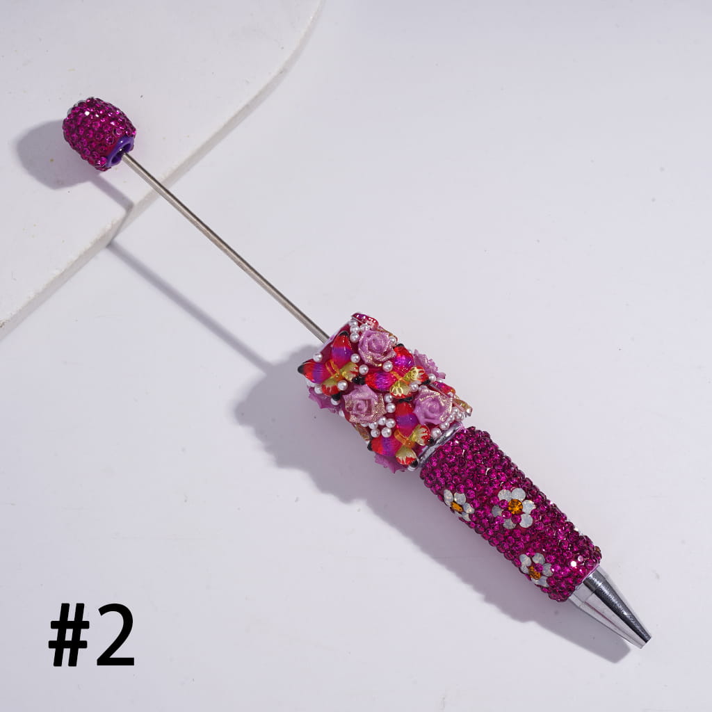 Beadable Clay Pens with Butterfly Rose Flower White Pearls and Shiny Rhinestones Covered the Entire Pen, Multi-Color