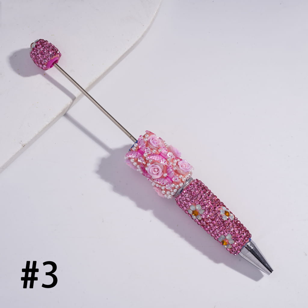 Beadable Clay Pens with Butterfly Rose Flower White Pearls and Shiny Rhinestones Covered the Entire Pen, Multi-Color