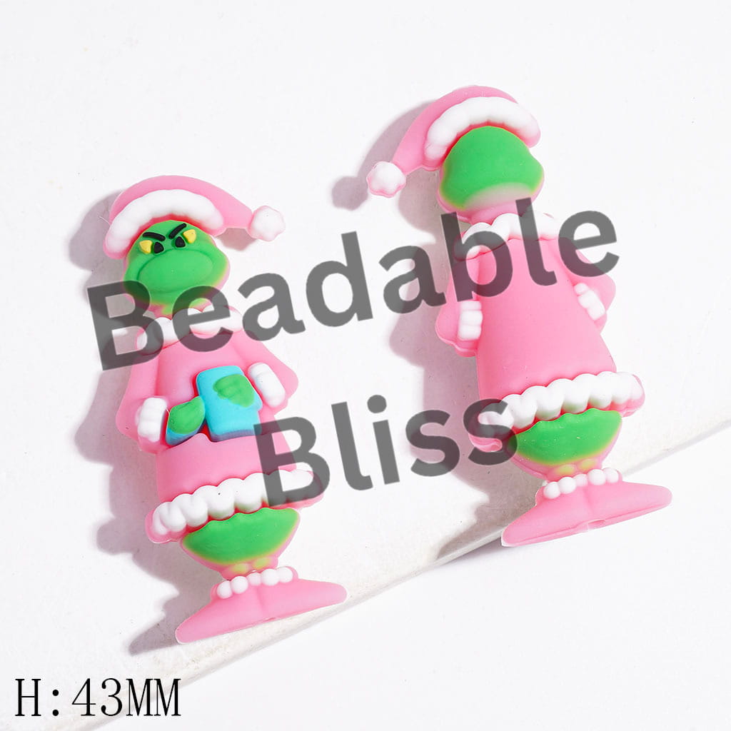 Silicone Focal Beads 3D Christmas Green Character Wearing Pajamas & Holding Rectangle Gift Box, Height 43MM, Multi-Color