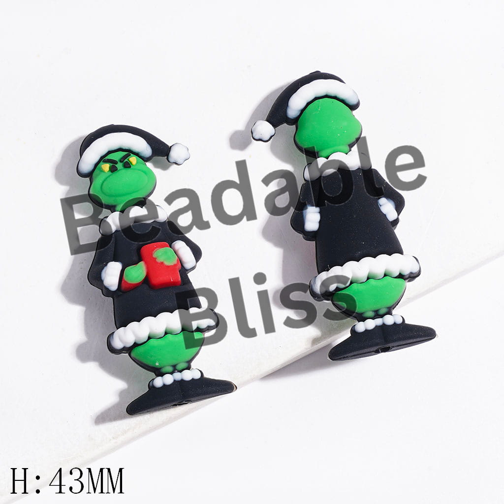Silicone Focal Beads 3D Christmas Green Character Wearing Pajamas & Holding Rectangle Gift Box, Height 43MM, Multi-Color