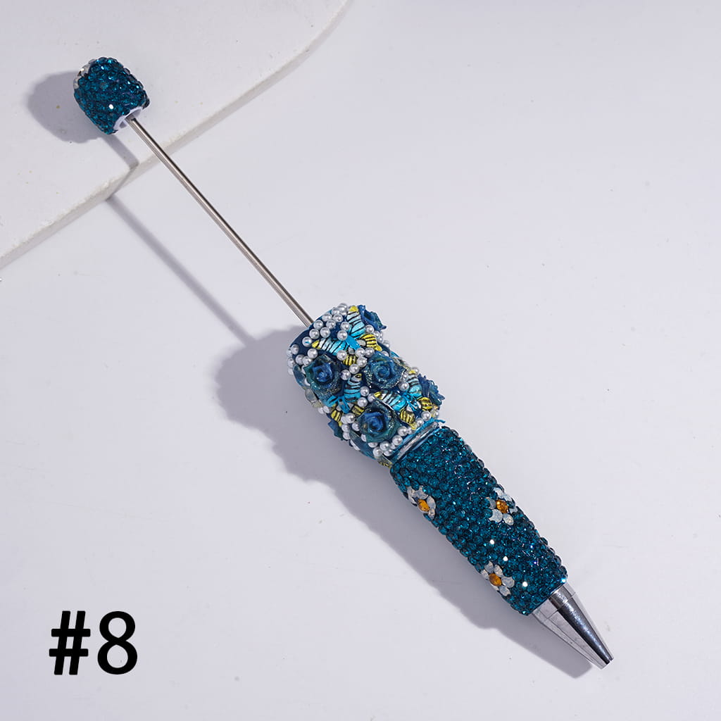 Beadable Clay Pens with Butterfly Rose Flower White Pearls and Shiny Rhinestones Covered the Entire Pen, Multi-Color