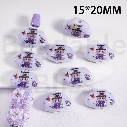 Acrylic Beads Cloud Shape Cute Labub with Wizard Hat Halloween Ghost Face Pumpkin Bat 15*20MM，Random Mix