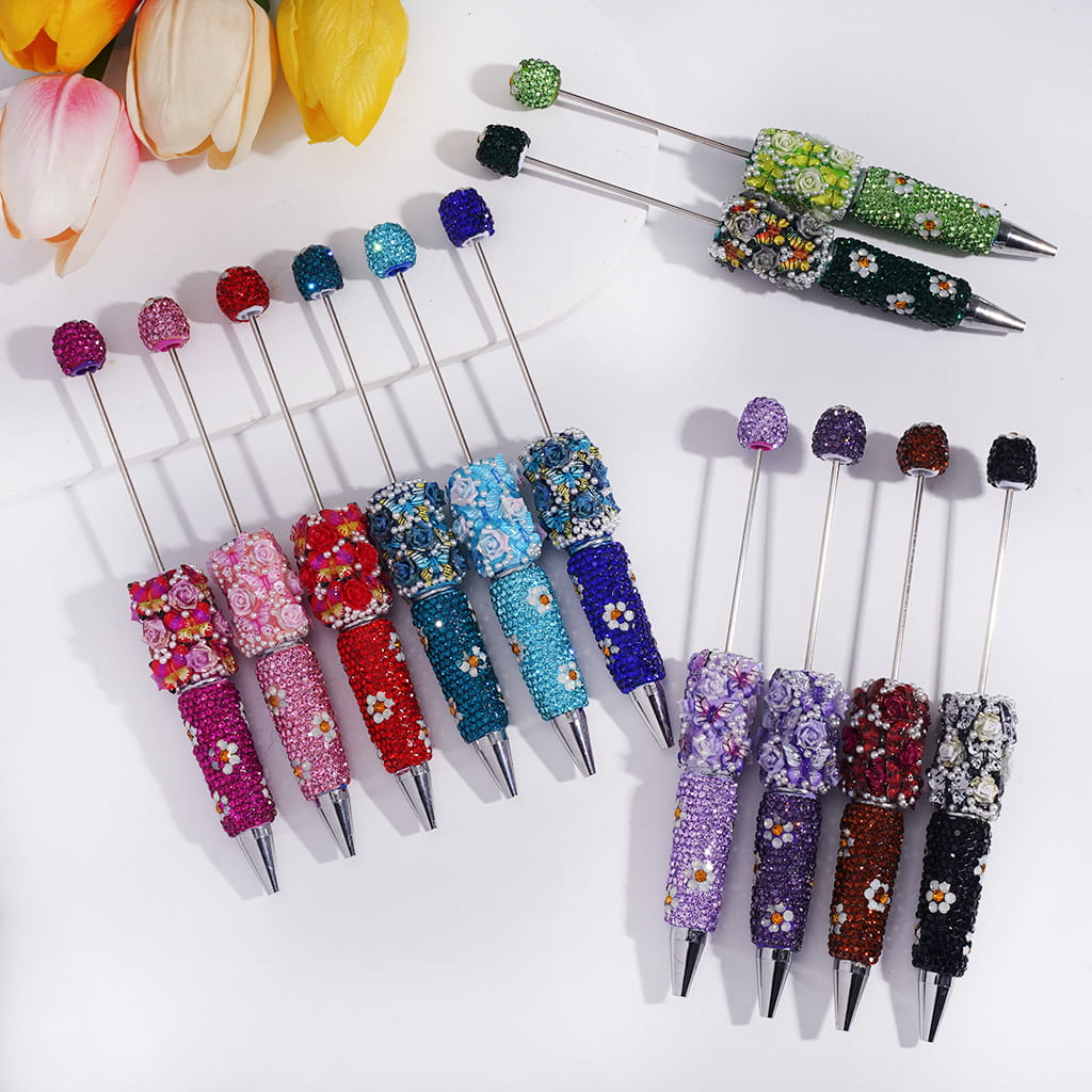 Beadable Clay Pens with Butterfly Rose Flower White Pearls and Shiny Rhinestones Covered the Entire Pen, Multi-Color