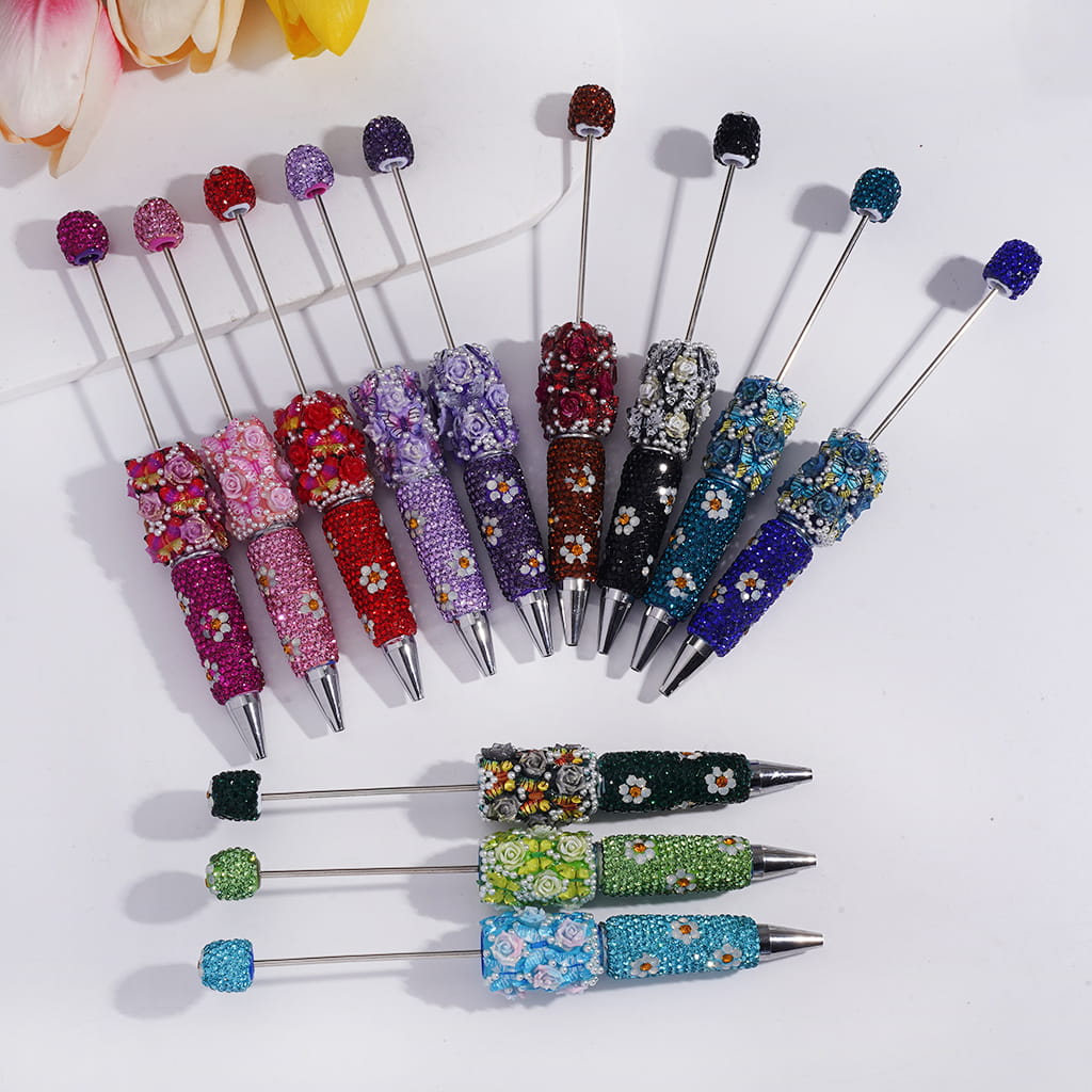 Beadable Clay Pens with Butterfly Rose Flower White Pearls and Shiny Rhinestones Covered the Entire Pen, Multi-Color