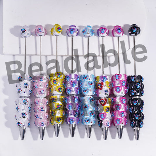 Beadable Clay Pens with Heart Blue Monster in Various Style and AB Rhinestones, Multi-Color