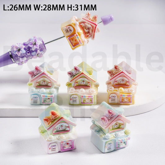 Acrylic Beads UV Coating  Cute Hello Kitt Style House 26*28*31MM，Random Mix