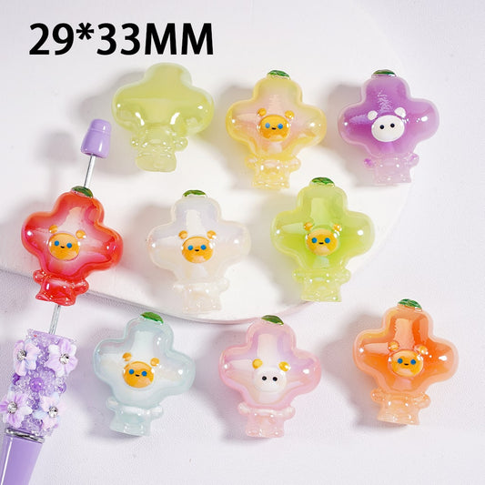 Acrylic Beads UV Coating Cute Flowers with Bear Head 29*33MM, Random Mix