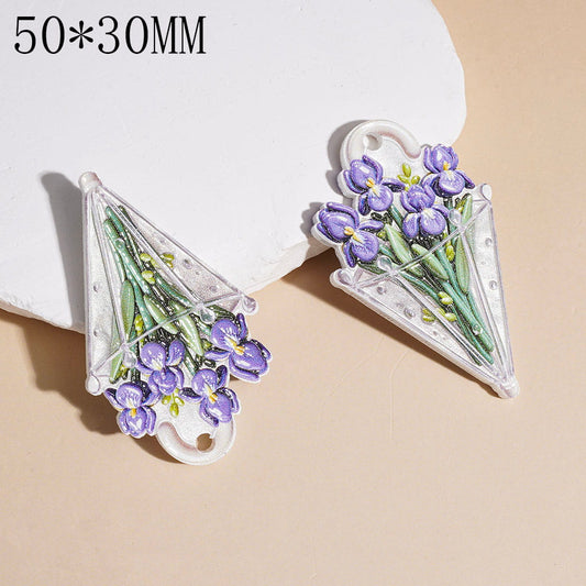 Umberlla with Purple Irises Flower and Green Leaf Acrylic Pendants 50*30MM