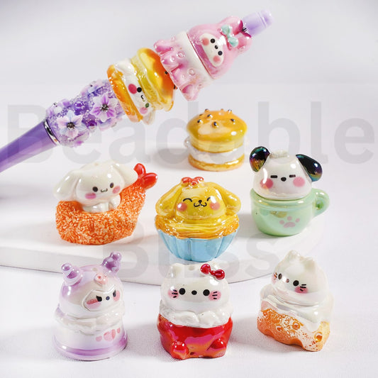 Acrylic Beads UV Coating  Sanri Family & Food Hello Kitt Kurom Cinnamonrol Pom Pom Puri Pochacc Bread Hamburger Cake Cheese Egg Tart, Random Mix