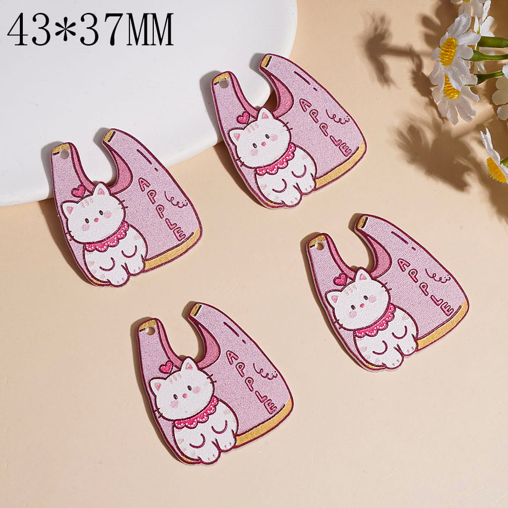 Handbag with Cute Cat and Heart Text "Apple"  Prints Acrylic Pendants, 43*37MM