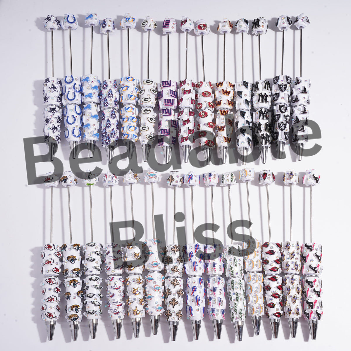 Beadable Clay Pens with American Football and NY Baseball Team, AB Rhinestones
