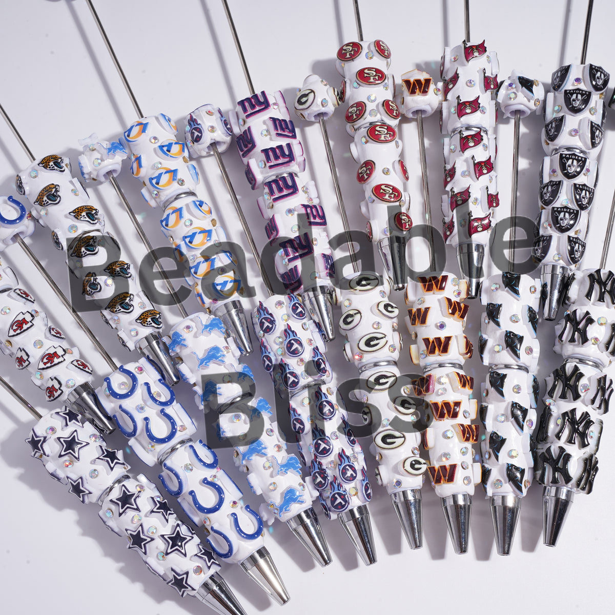 Beadable Clay Pens with American Football and NY Baseball Team, AB Rhinestones