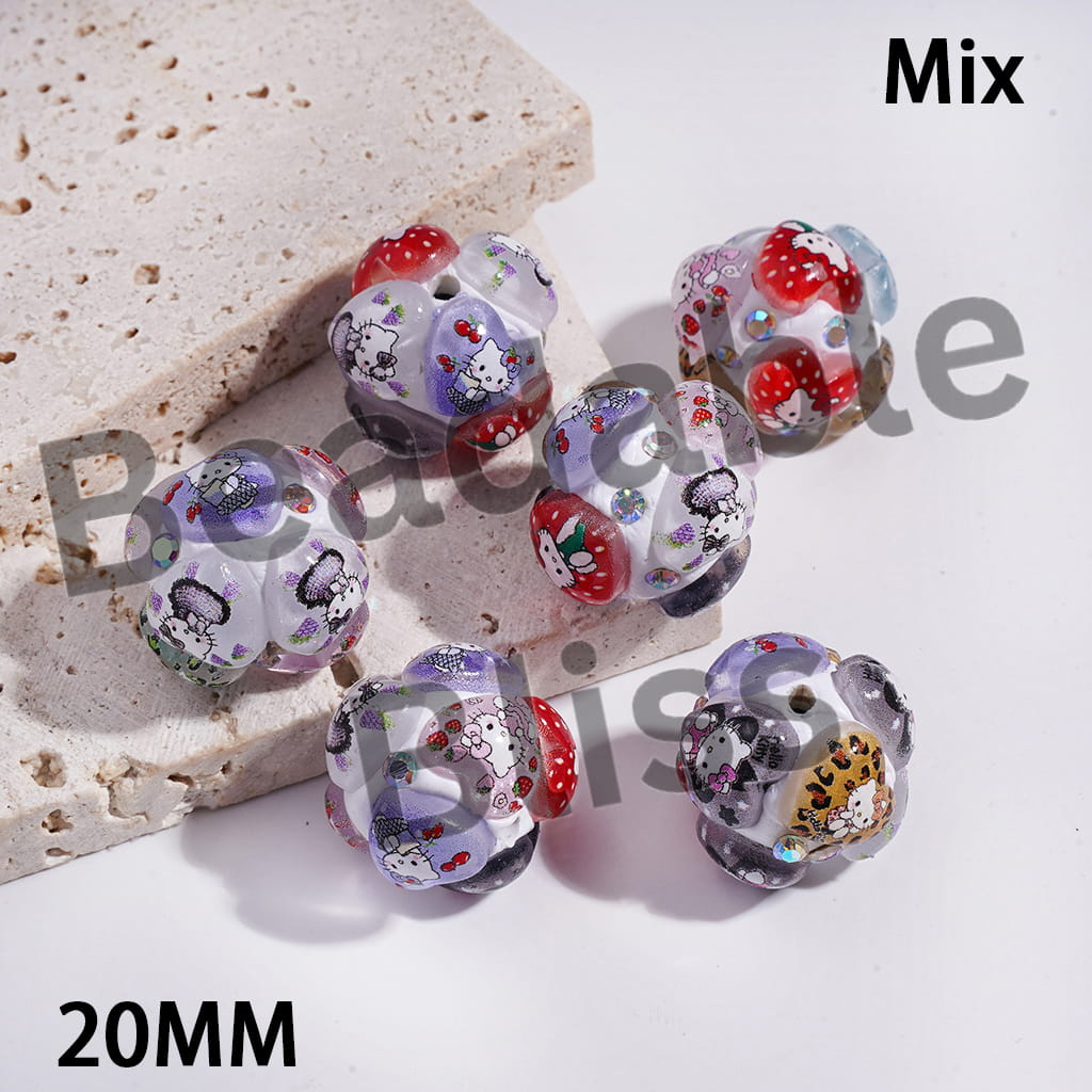 Clay Beads Hearts with Cute Cat Character in Various Style, AB Rhinestones, Multi-Color, 20MM