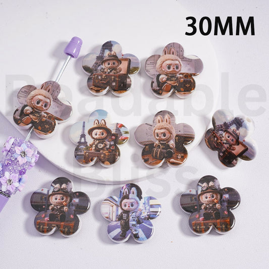 Acrylic Beads Five-Petaled Flower Shape Cute Labub Pop Mar 30MM, Random Mix