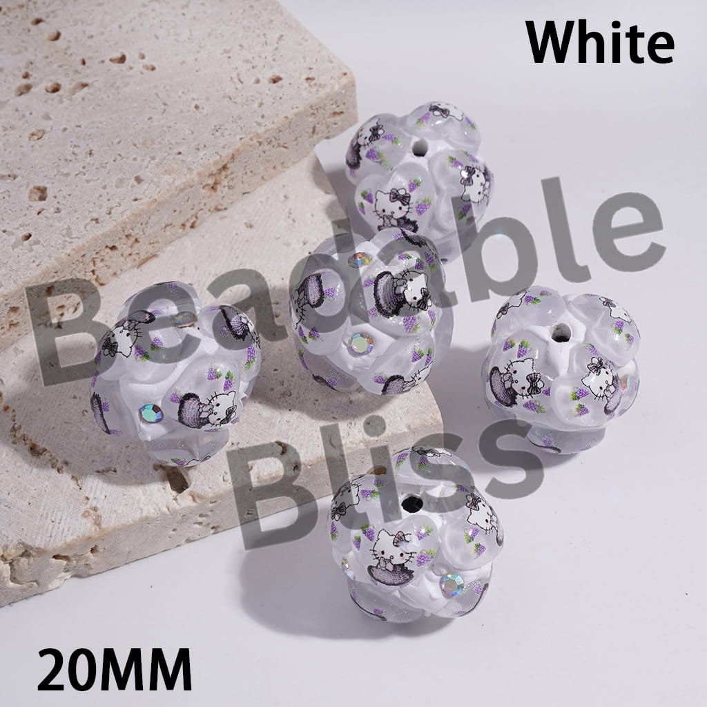 Clay Beads Hearts with Cute Cat Character in Various Style, AB Rhinestones, Multi-Color, 20MM