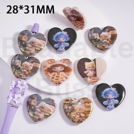 Acrylic Beads Heart Shape Cute Moll Pop Mar 28*31MM, Random Mix