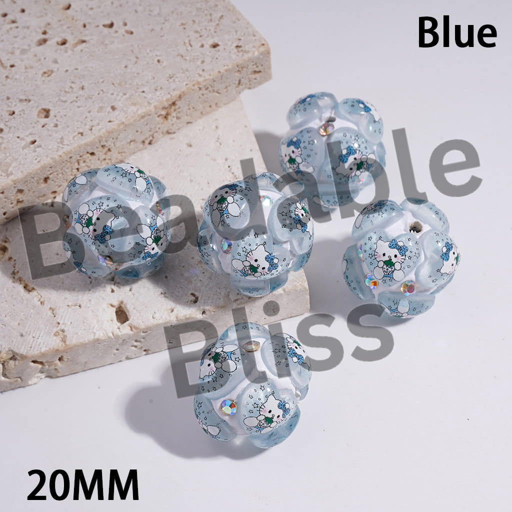 Clay Beads Hearts with Cute Cat Character in Various Style, AB Rhinestones, Multi-Color, 20MM