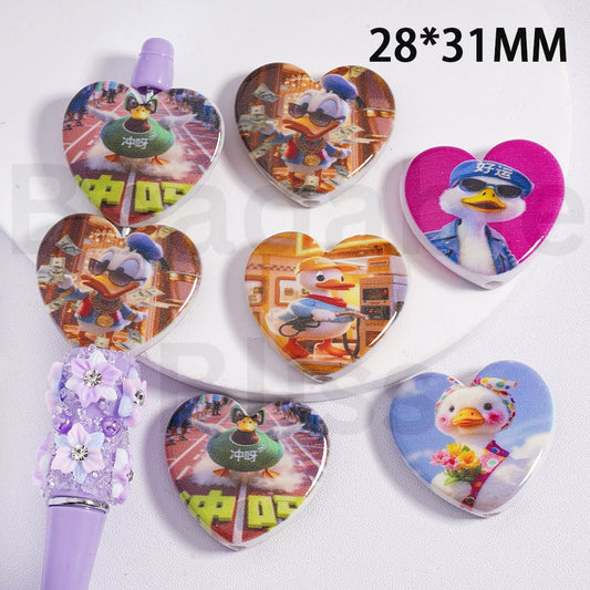 Acrylic Beads Heart Shape Cute Daffy Duc 28*31MM, Random Mix