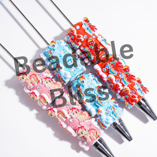 Beadable Clay Pens with Unicorn Little Horse and AB Rhinestones, Multi-Color