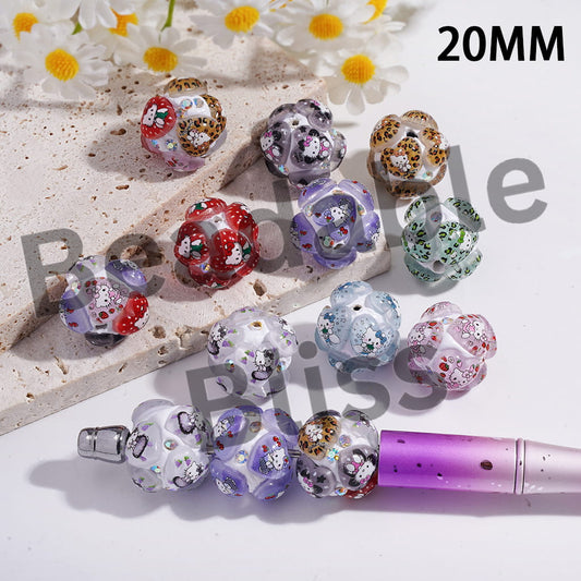 Clay Beads Hearts with Cute Cat Character in Various Style, AB Rhinestones, Multi-Color, 20MM
