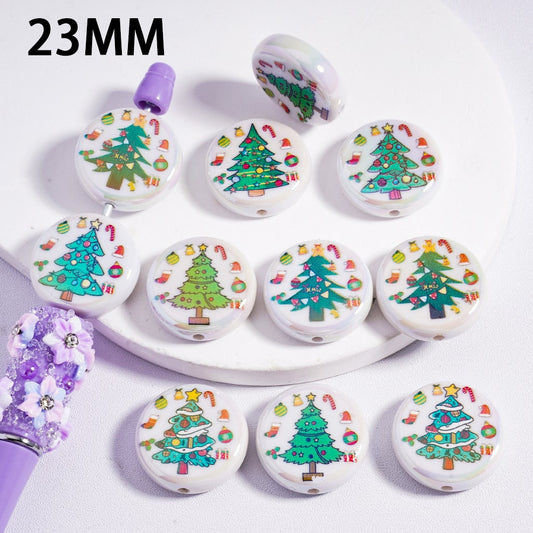 Flat Round Acrylic Beads UV Coating Christmas Tree Prints 23MM, Random Mix