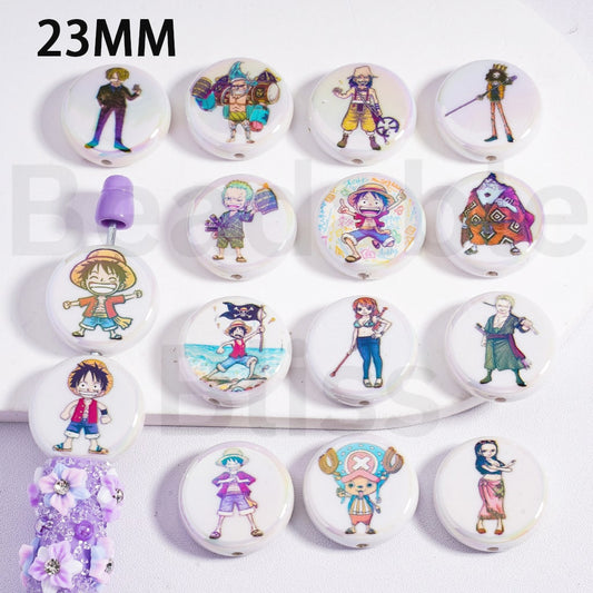 Flat Round Acrylic Beads UV Coating Cute One Piec Japan Anime Prints 23MM, Random Mix
