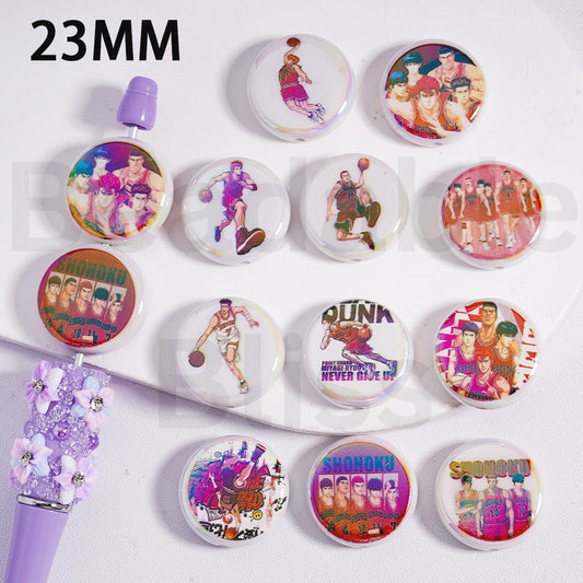 Flat Round Acrylic Beads UV Coating Slam Dun Japan Anime Prints 23MM, Random Mix