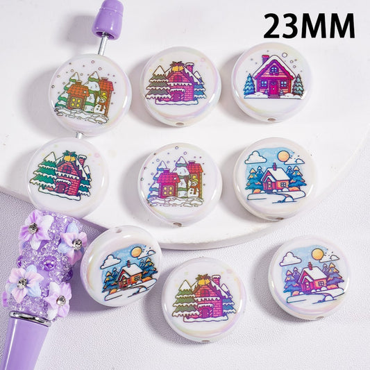 Flat Round Acrylic Beads UV Coating Cute Christmas House Prints 23MM, Random Mix