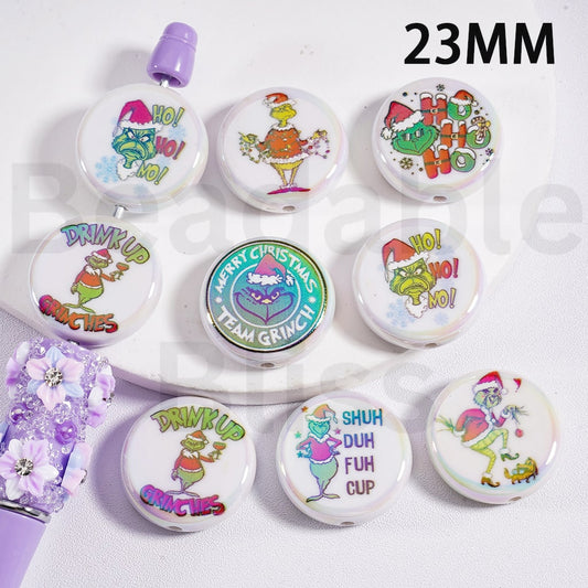 Flat Round Acrylic Beads UV Coating Cute Christmas Green Monster Grinc White 23MM, Random Mix