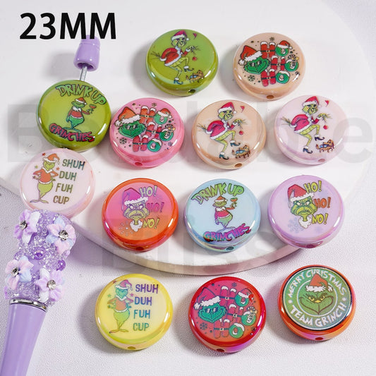 Flat Round Acrylic Beads UV Coating Cute Christmas Green Monster Grinc Multi-Color 23MM, Random Mix